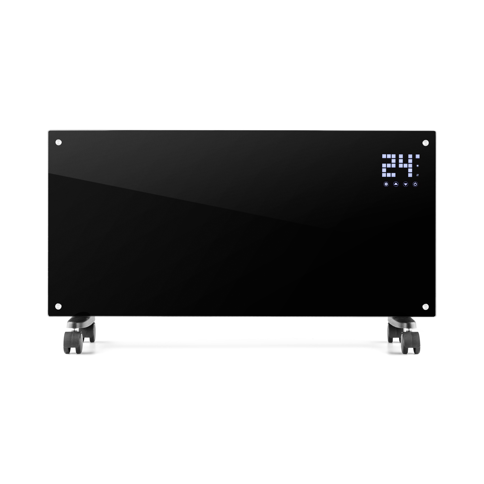 Un calentador de panel de vidrio negro, que muestra 24 grados, sobre ruedas. Fondo blanco.