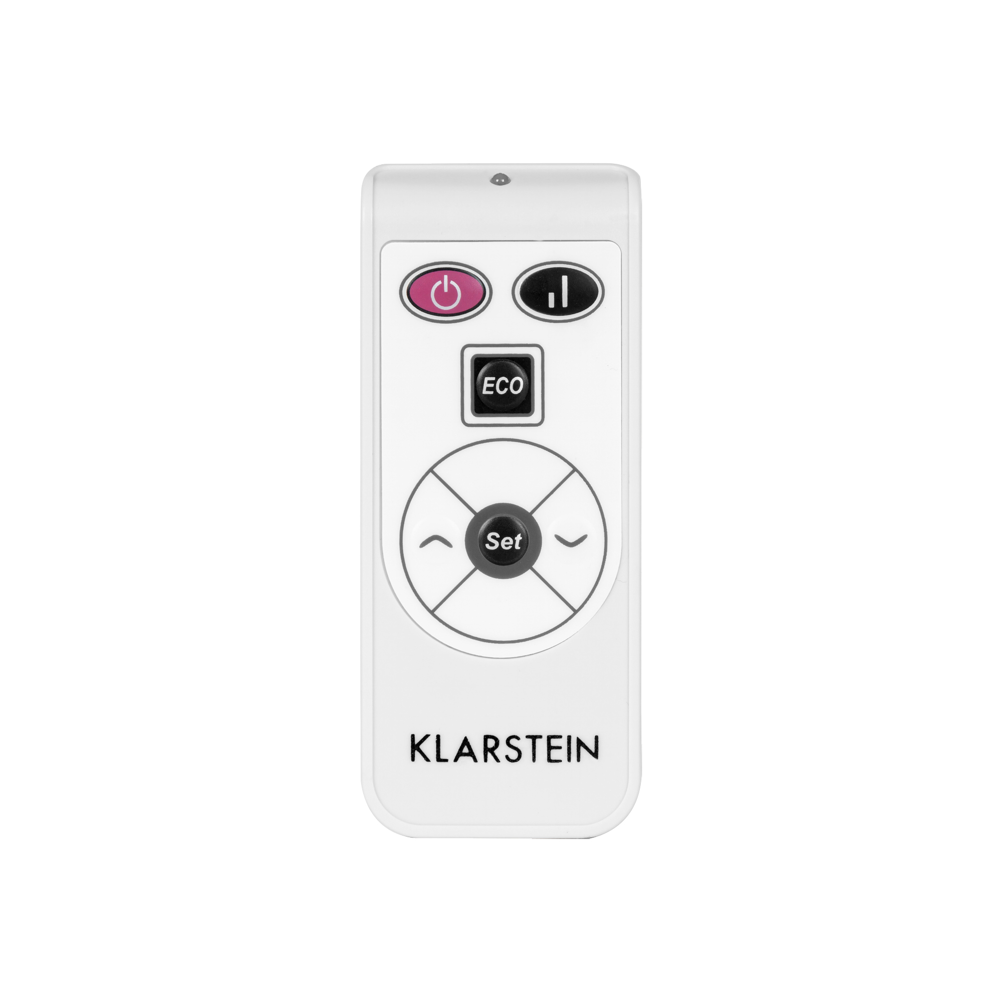 Weiße Fernbedienung mit Tasten: Ein/Aus, Einstellungen und ECO. Der Markenname KLARSTEIN ist unten aufgedruckt.