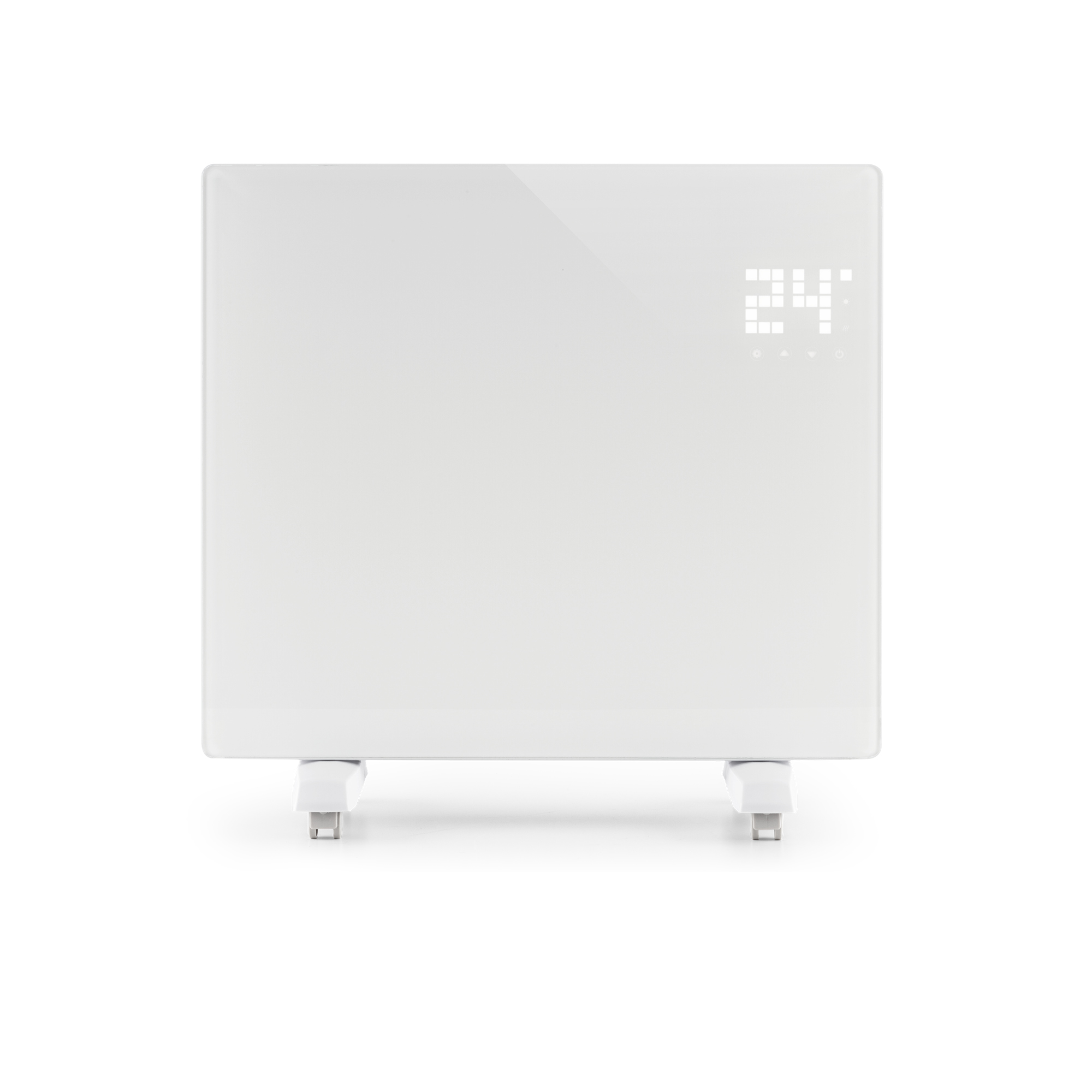 Ein weißer Elektroheizer mit Digitalanzeige, die die Temperatur '24' anzeigt. Er steht auf Rädern vor weißem Hintergrund.