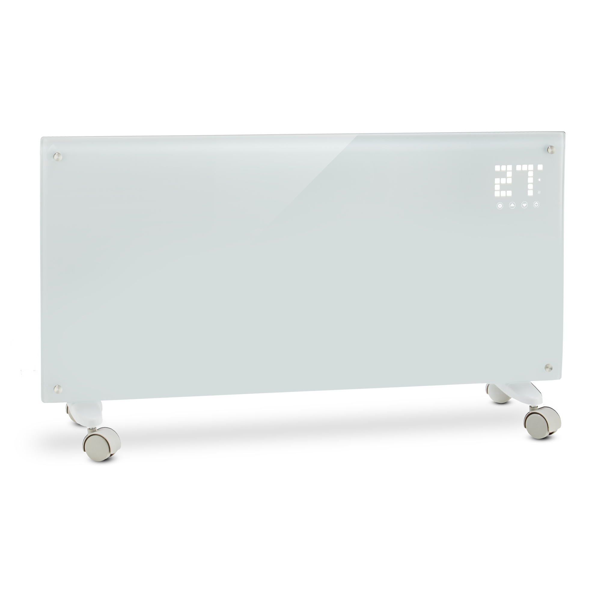 Un calefactor de panel de vidrio blanco con pantalla digital que muestra 27 grados. Tiene ruedas.