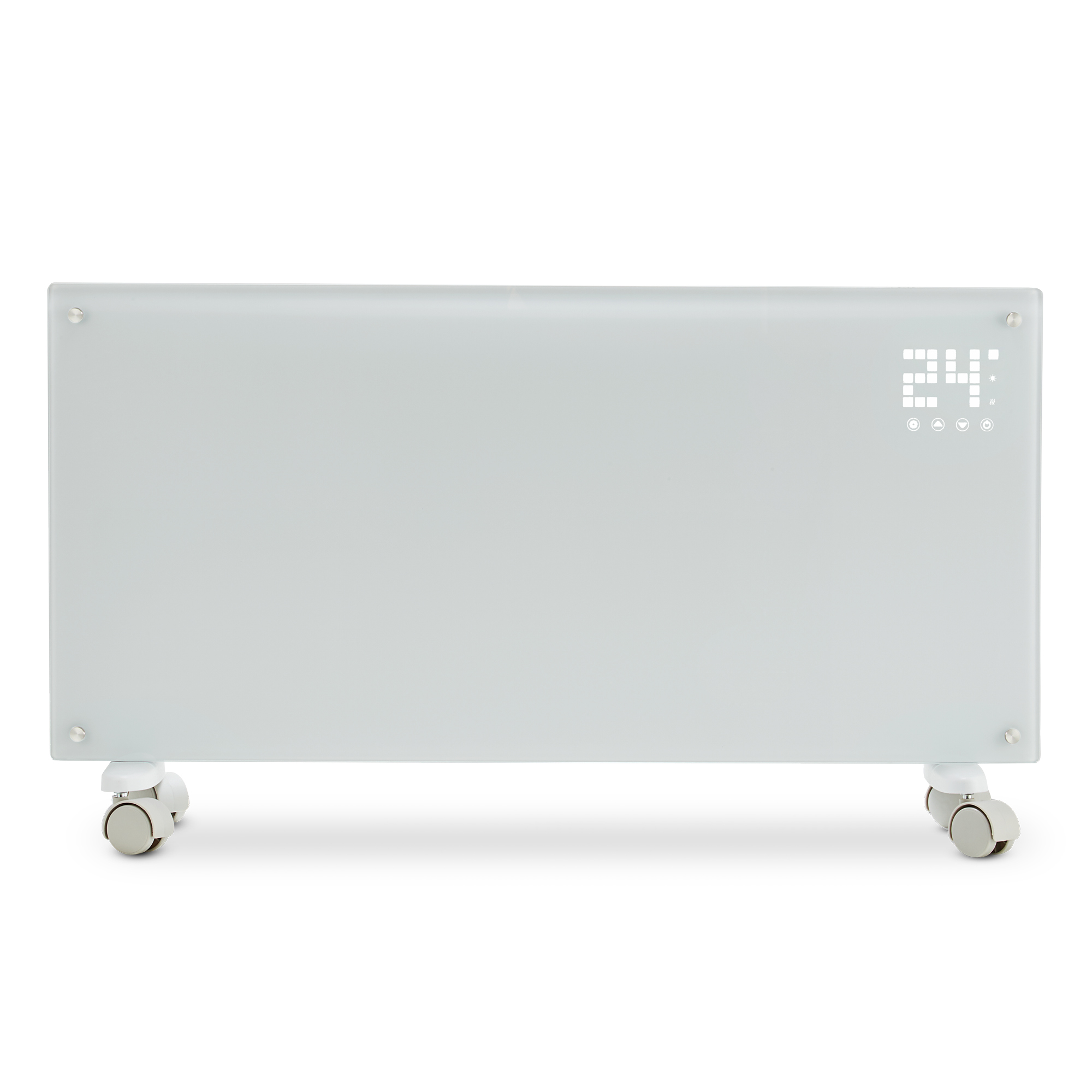 Un calefactor eléctrico blanco con pantalla digital que muestra 24. Tiene ruedas y está sobre fondo blanco.