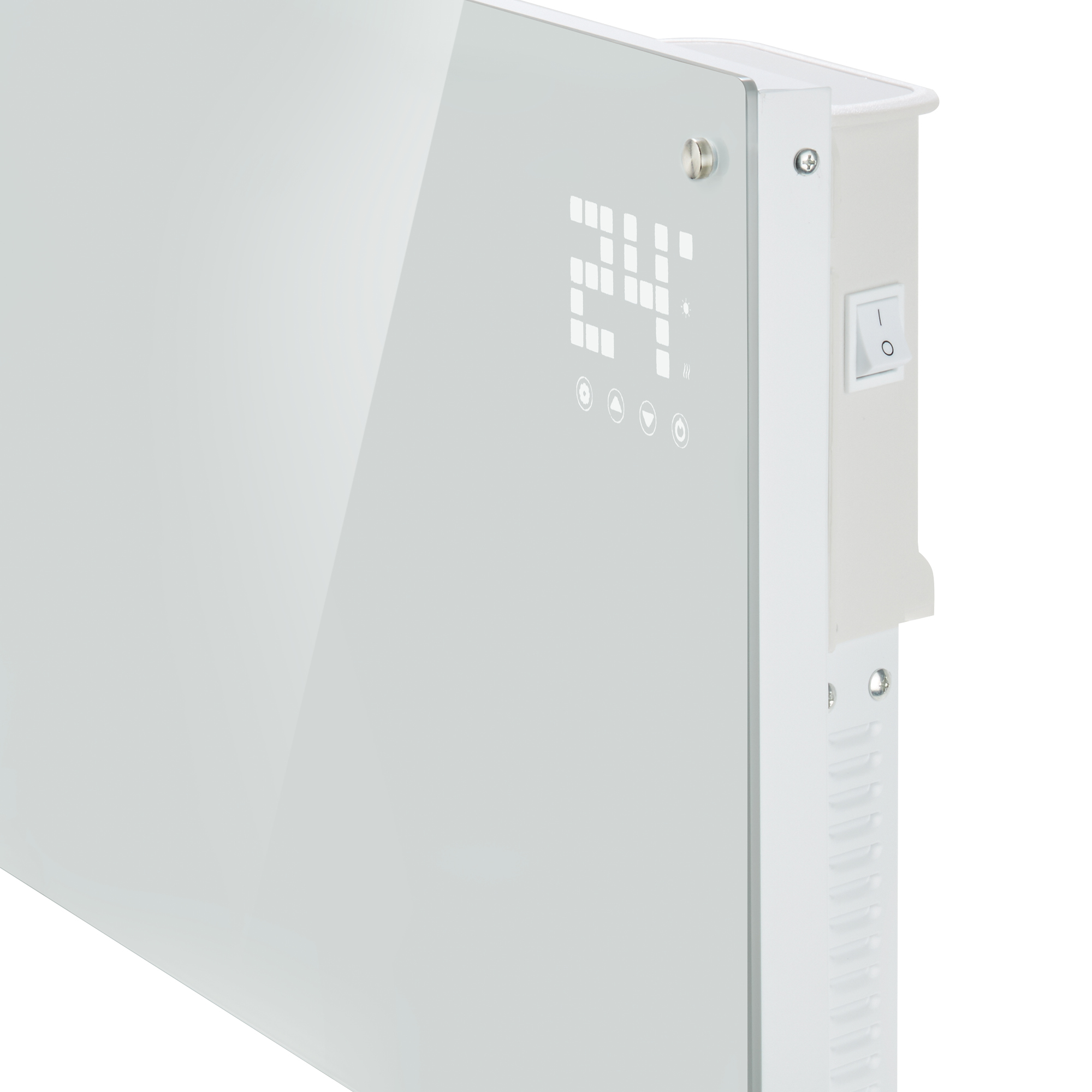 Calentador eléctrico blanco con pantalla digital que muestra '24'. Tiene un botón de encendido y un panel de control lateral.