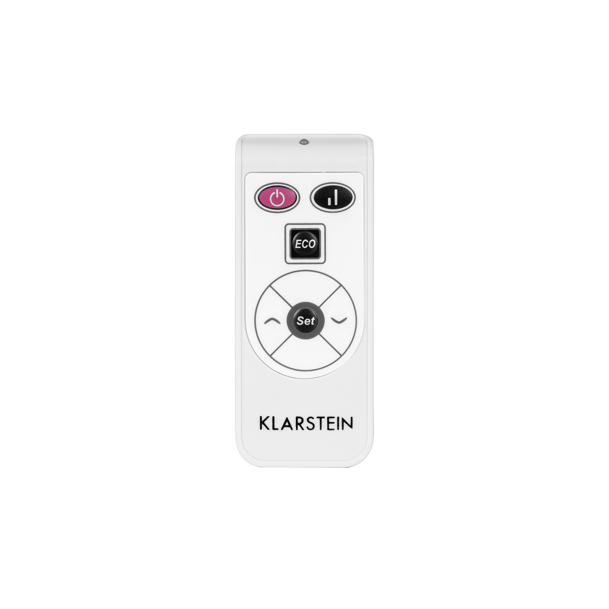Mando a distancia blanco con botones de encendido, ajustes y eco. La marca es Klarstein.