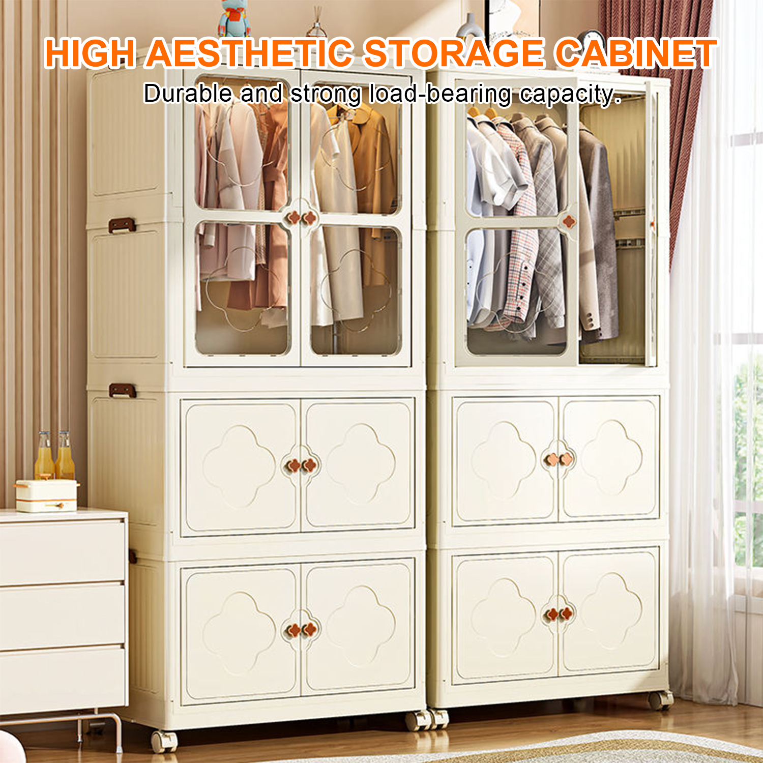 Ästhetischer Aufbewahrungsschrank mit Kleidung. Beige, mit transparenten Türen. Enthält Schubladen und dekorative Griffe.