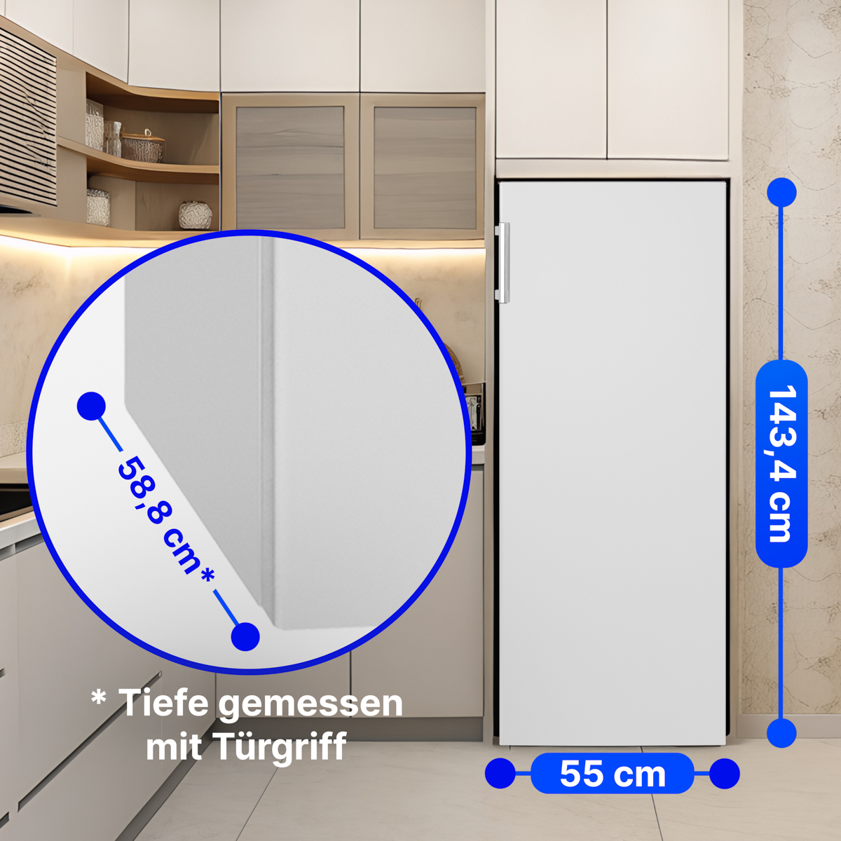 Weißer Kühlschrank in einer Küche. Maße: 143,4 cm hoch, 55 cm breit und 58,8 cm tief mit Griff.