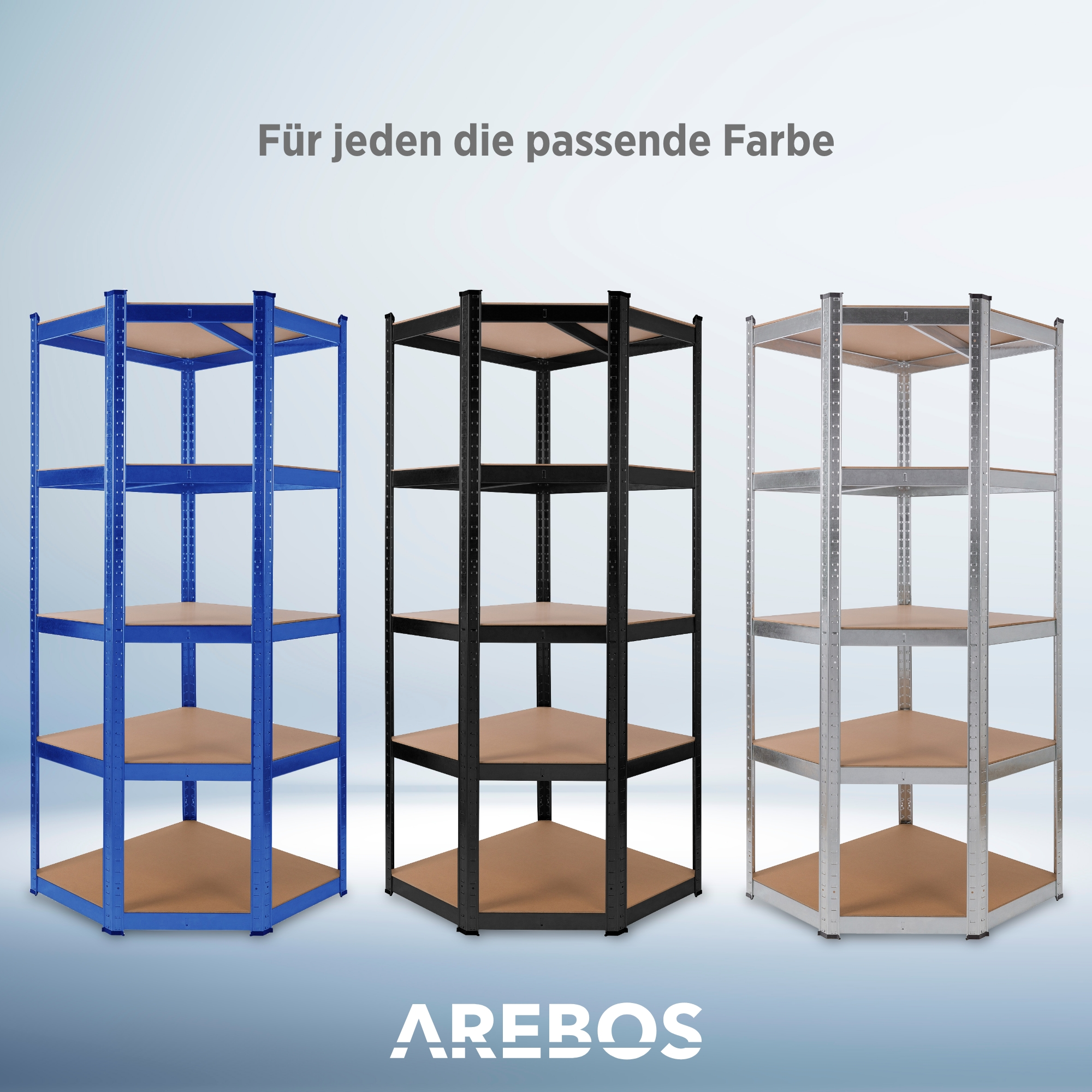 Drei farbige Regale: blau, schwarz und silber. Sie stehen auf einem hellblauen Hintergrund. Text oben lautet 'Für jeden die passende Farbe'.
