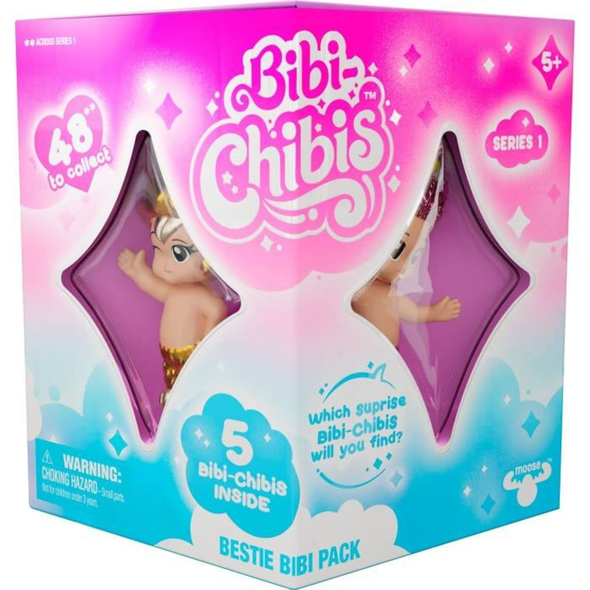 Una caja de Bibi-Chibis muestra dos figuras pequeñas en el interior. La caja es rosa y azul con las palabras "Bibi-Chibis" y "Bestie Bibi Pack".