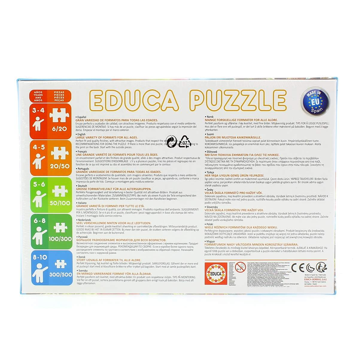 Pudełko puzzli z logo Educa, różne przedziały wiekowe i liczba elementów. Wyprodukowano w Hiszpanii.