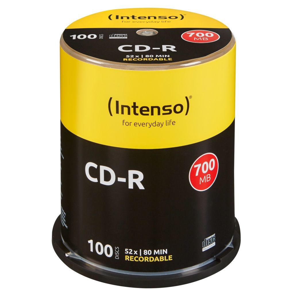 Ein zylindrischer Behälter mit Intenso CD-Rs. Er ist schwarz und gelb, mit Text wie 'CD-R', '100 Discs' und '700 MB'.