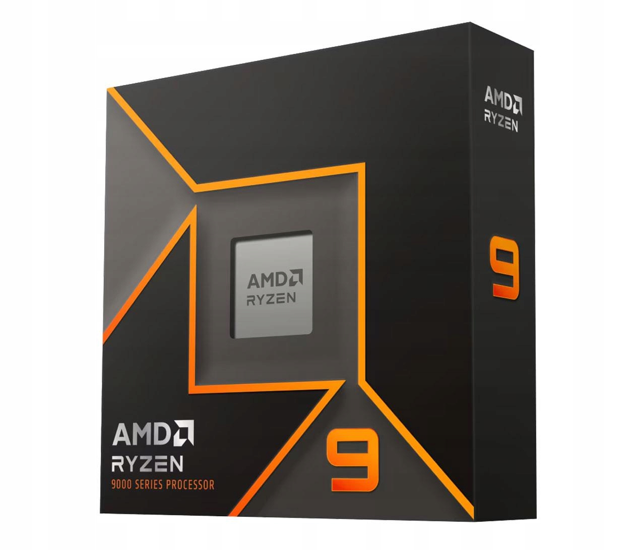 Pudełko z procesorem AMD Ryzen 9. Czarne pudełko z pomarańczowymi akcentami, widoczny numer 9 i logo AMD Ryzen.