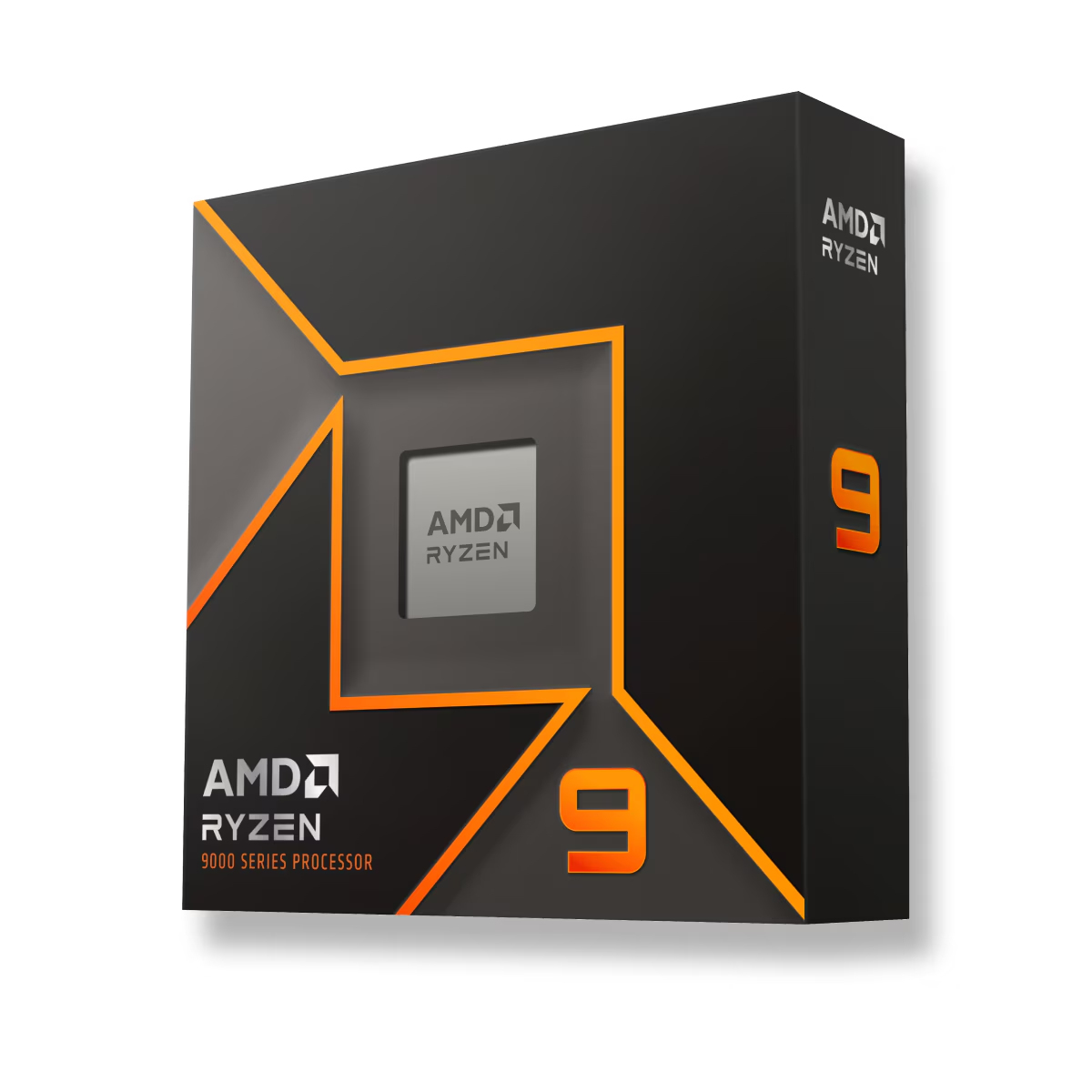 Czarne pudełko procesora AMD Ryzen 9. Ma pomarańczowe akcenty i logo AMD Ryzen. Wyświetlana jest również cyfra 9.