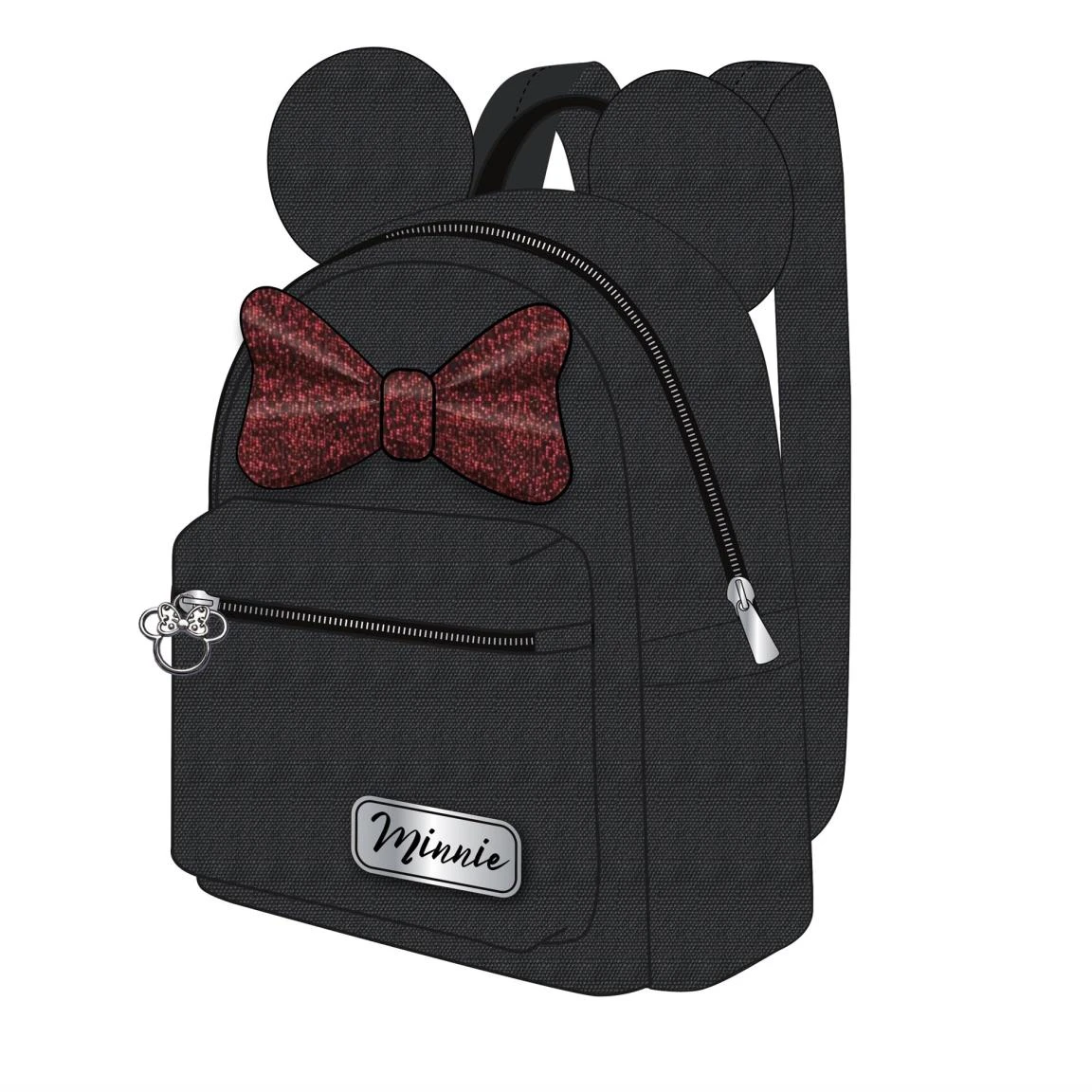 Mochila negra con orejas de Minnie Mouse, un lazo rojo y el nombre Minnie. Tiene cremalleras y un fondo blanco.