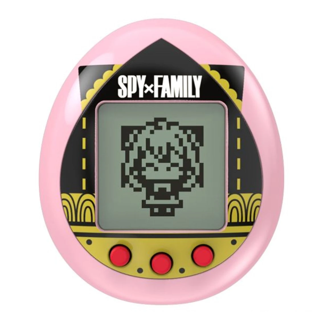 Un Tamagotchi rosa de Spy x Family. Tiene una parte superior negra con el logo del programa, una pantalla que muestra un personaje pixelado y botones rojos.