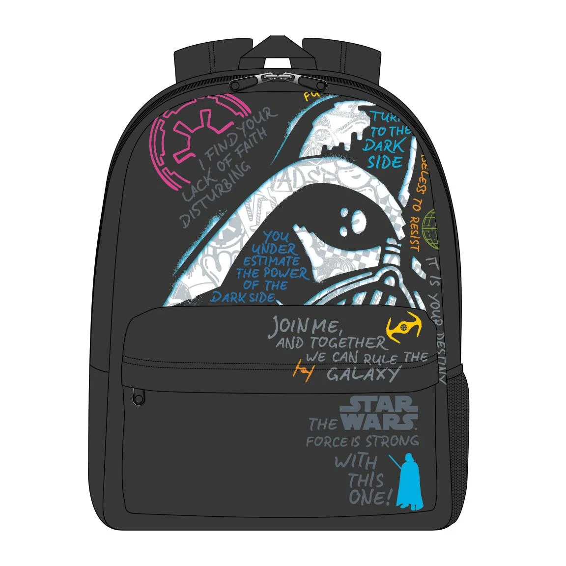 Mochila negra de Star Wars con imagen y texto de Darth Vader. Presenta citas como "Join me" y "Dark Side".