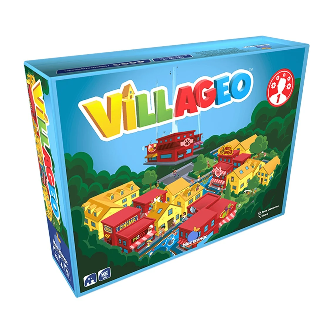 Caja del juego de mesa Villageo. Casas en amarillo, rojo y naranja. Fondo azul con el título del juego. Un edificio rojo flotando arriba.