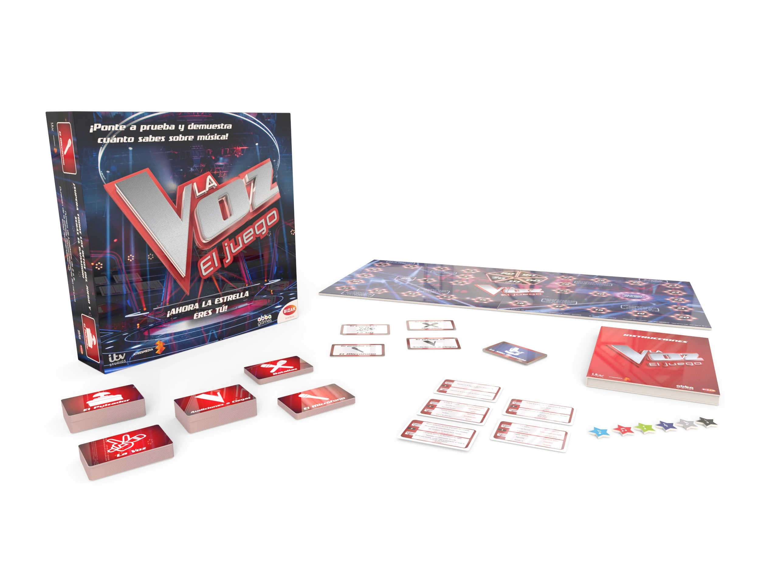 Una caja de juego de mesa con el título "La Voz El Juego" y varios componentes del juego sobre una superficie blanca.