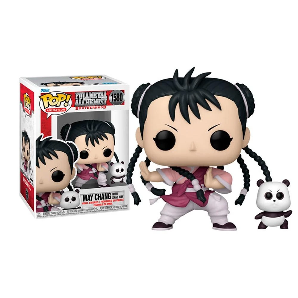 Eine Funko Pop Figur von May Chang aus Fullmetal Alchemist. Sie trägt ein pinkes Outfit und posiert mit einer Panda-Figur.