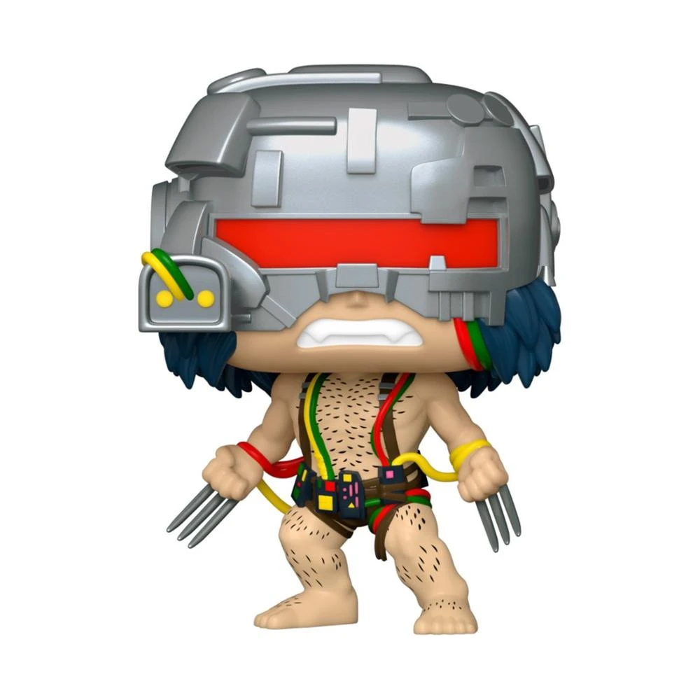 Una figura de Funko Pop de Wolverine. Tiene un casco plateado, una visera roja, pelo azul y garras metálicas. Cables están conectados al cuerpo.