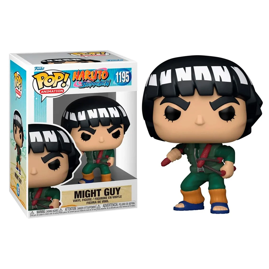 Una figura Funko Pop di Might Guy da Naruto Shippuden. Indossa una tuta verde, scaldamuscoli arancioni e capelli neri. La figura è in una scatola.