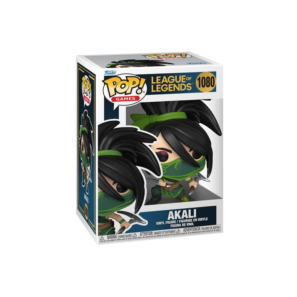 Eine Funko Pop Figur von Akali aus League of Legends. Sie trägt grüne und schwarze Kleidung und befindet sich in einer Box mit Spielmarken.