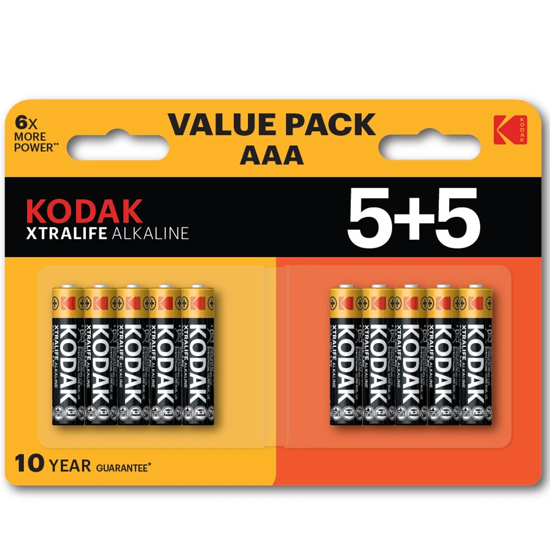 Eine Kodak Xtralife Alkaline-Batteriepackung. Es ist eine 5+5-Wertpackung. Die Verpackung ist gelb und orange.