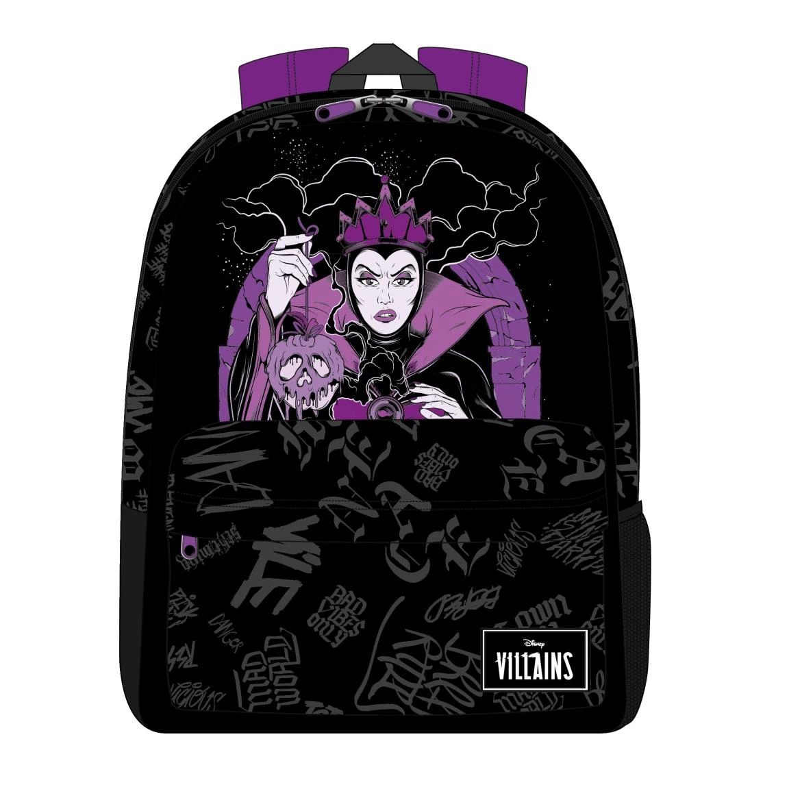 Mochila negra con la Reina Malvada sosteniendo una manzana envenenada. Acentos morados y estampado graffiti. Logo Disney Villains.