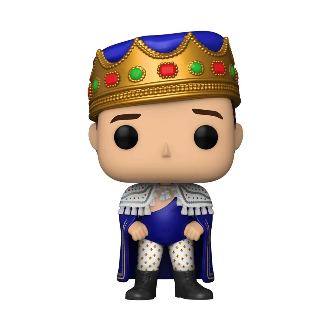 Eine Funko Pop Figur eines Königs. Er trägt eine goldene Krone mit roten und grünen Juwelen, ein blaues Outfit mit weißem und goldenem Muster und schwarze Stiefel.