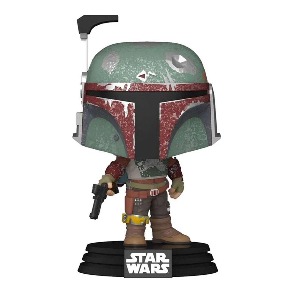 Figura Funko Pop di Boba Fett. Ha un elmetto verde e rosso, un blaster e si trova su una base nera con il logo di Star Wars.