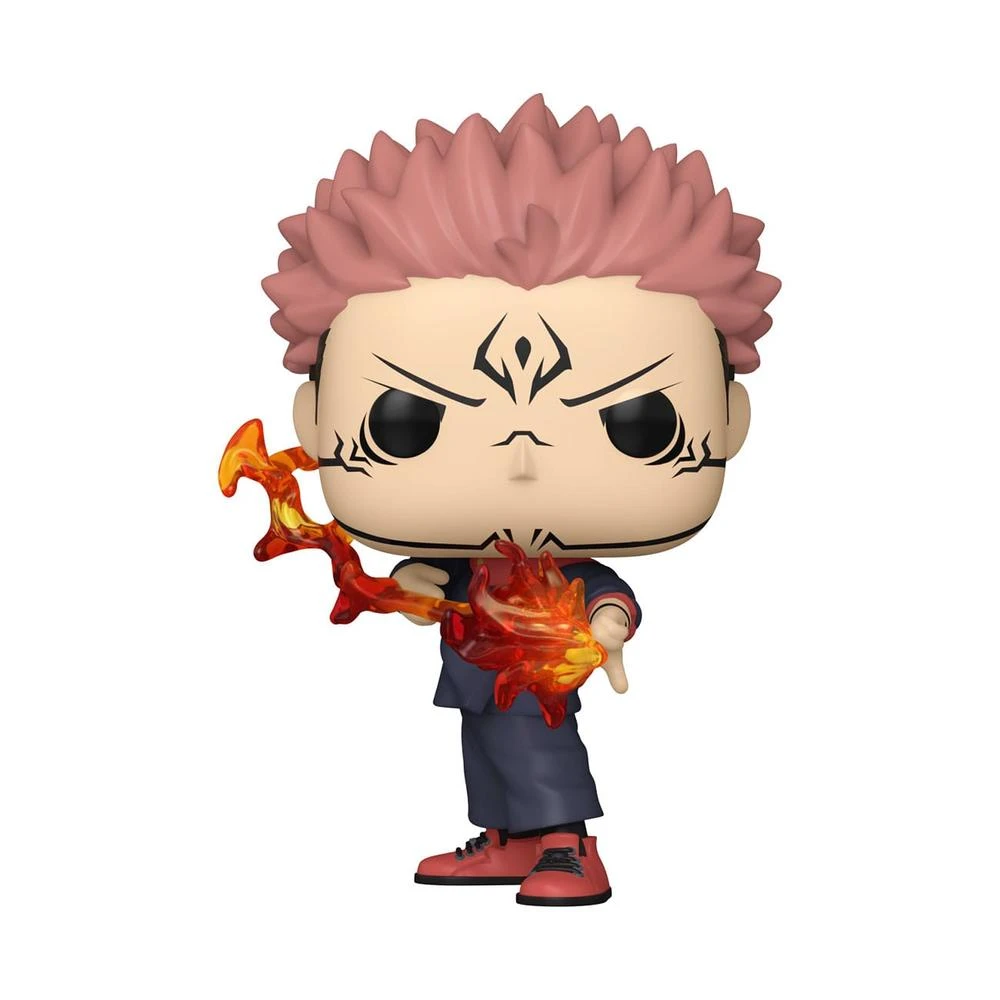 Figura Funko Pop de un personaje con pelo rosa, marcas faciales negras, sosteniendo llamas. La figura lleva un atuendo azul y zapatos rojos.