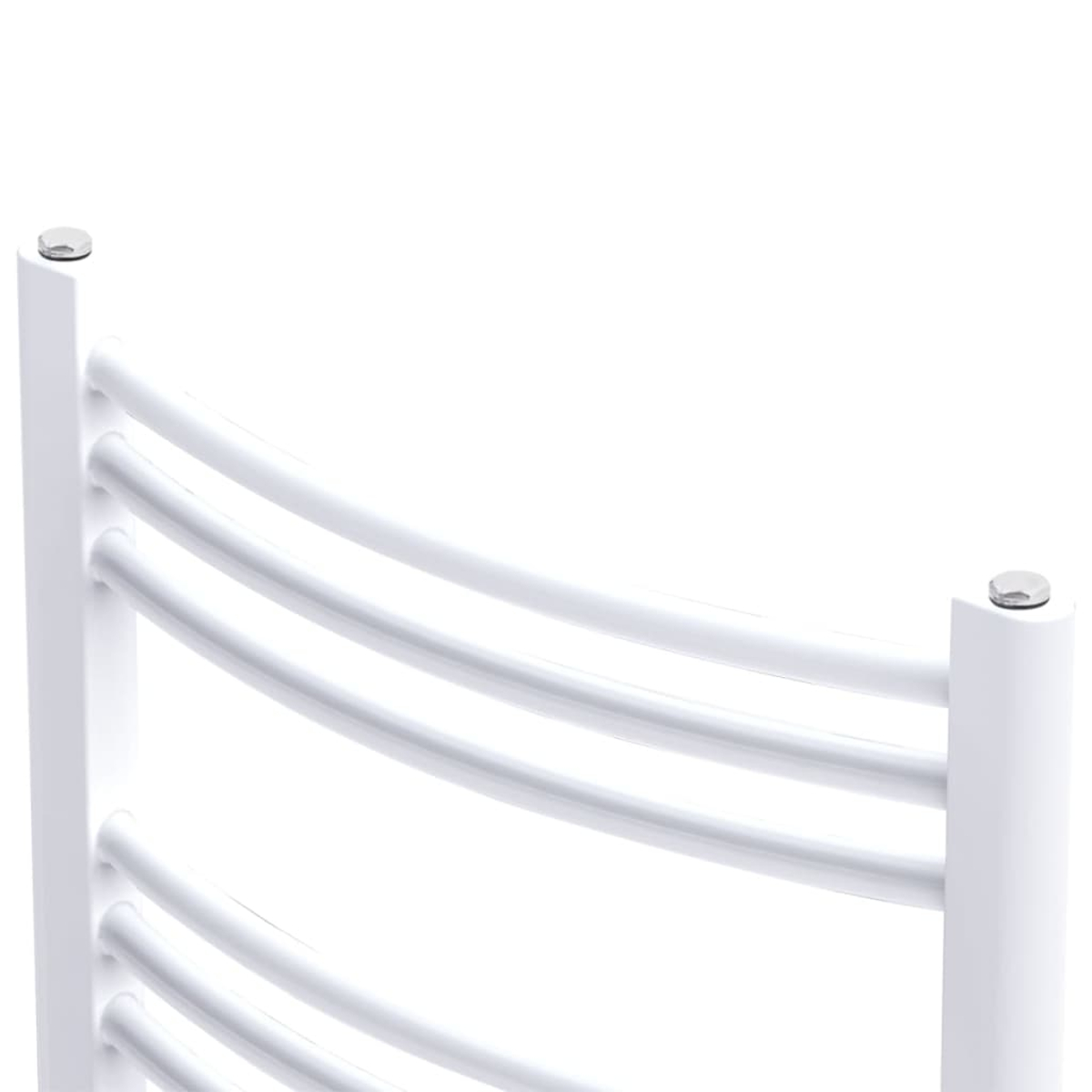 Ein weißer Handtuchwärmer mit gebogenen Stangen. Der Hintergrund ist schlicht weiß. Der Wärmer hat silberne Kappen und ein sauberes Design.