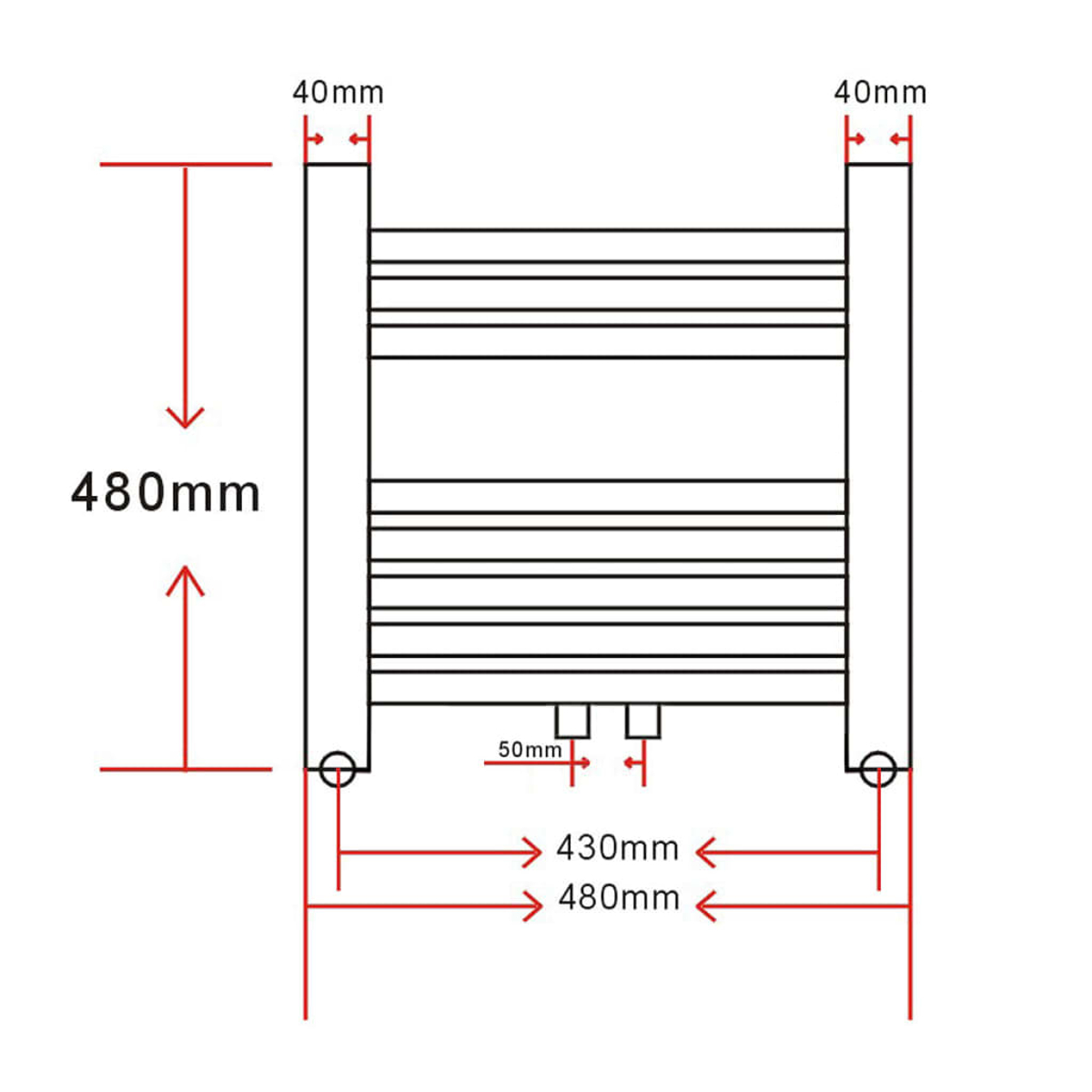 Diagramm eines Handtuchwärmers mit Abmessungen: 480 mm Höhe, 40 mm Breite der Stäbe und 430 mm und 480 mm Breite.