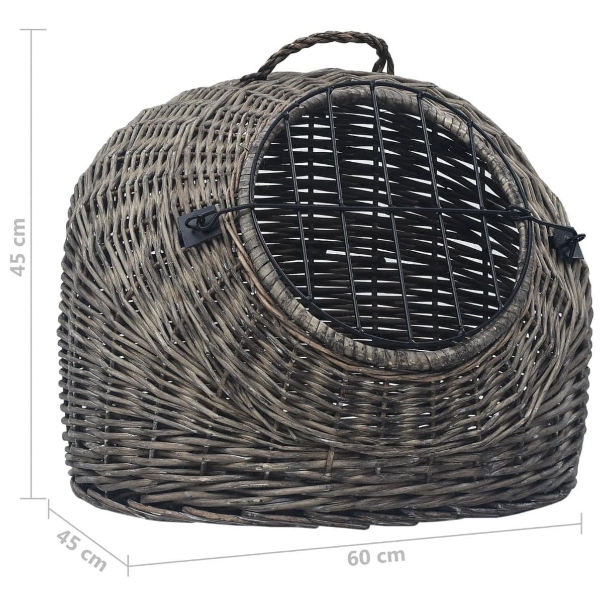 Ein grauer Haustierkorb aus Weide mit einer runden Tür aus Metallstäben. Er hat einen Griff und misst 45x45x60cm.