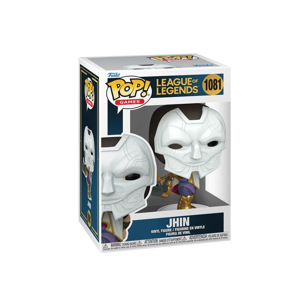 Eine Funko Pop-Box von Jhin aus League of Legends. Die Figur hat eine weiße Maske und goldene Details. Die Box ist weiß und blau.