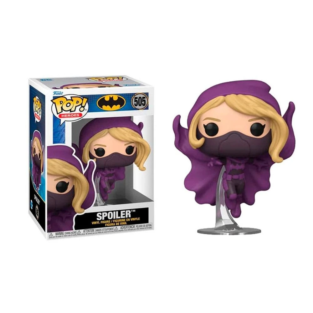Una figura de Funko Pop de Spoiler, un personaje de DC Comics. Presenta un traje con capucha morada, una máscara facial y pelo rubio.