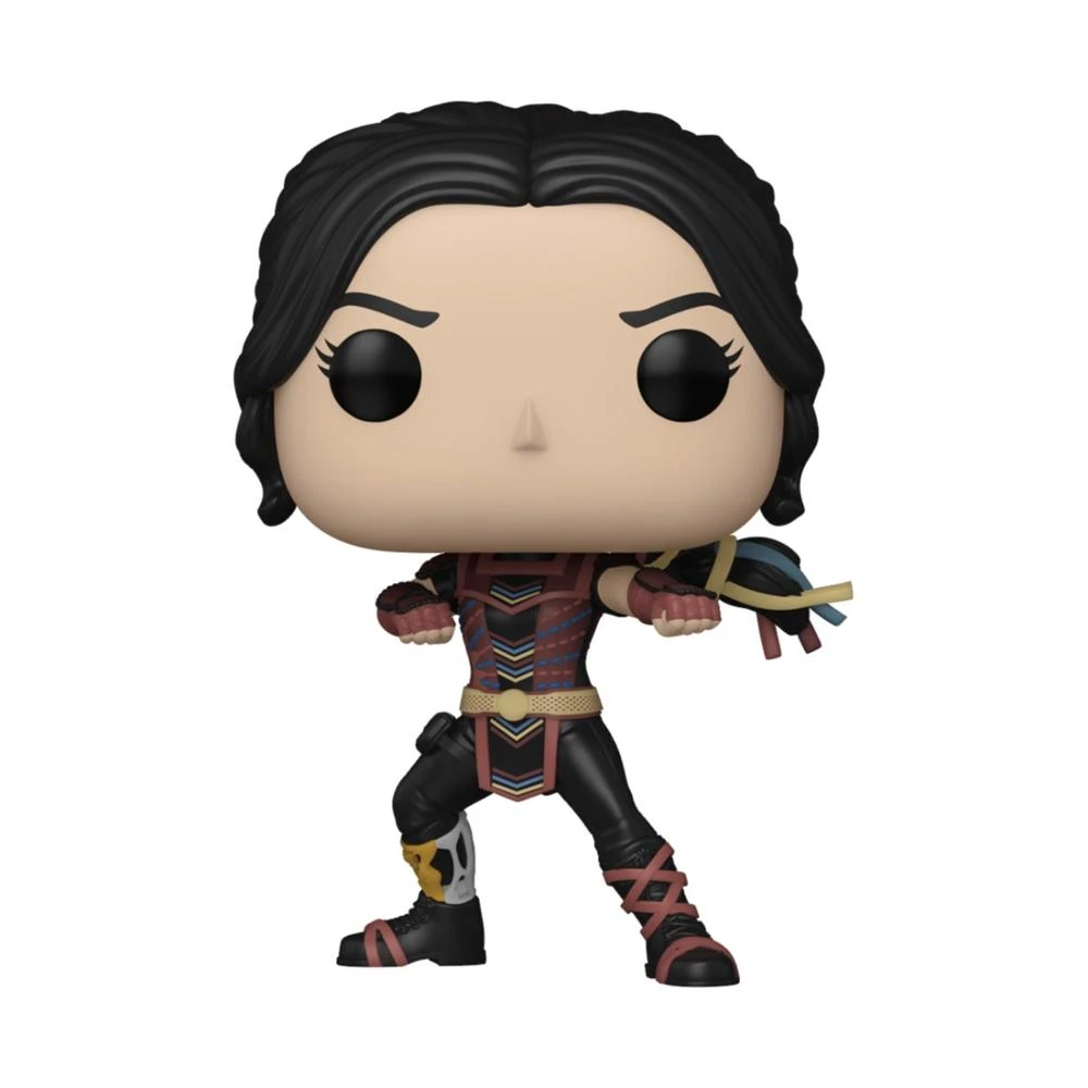Figura Funko Pop de una mujer con un atuendo rojo y negro, de pie con una pose dinámica. La figura tiene cabello negro y ojos grandes.