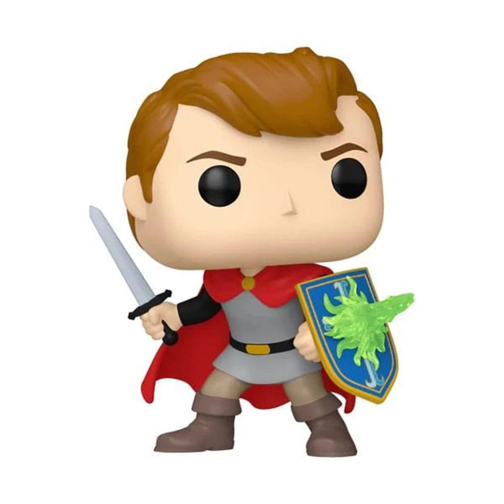 Una figura Funko Pop del príncipe Felipe. Sostiene una espada y un escudo con un elemento verde similar al fuego. Lleva una capa roja y una túnica gris.