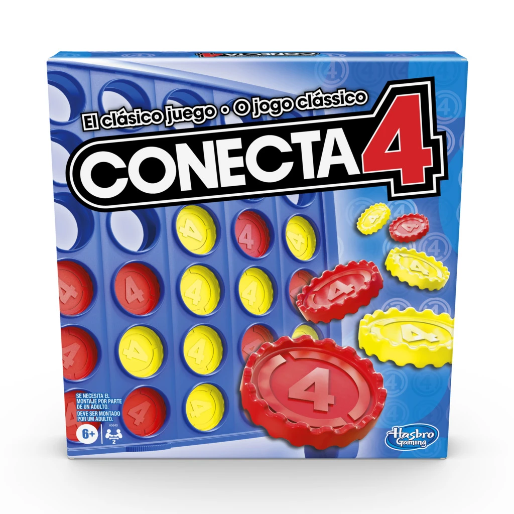 Una caja del juego Conecta 4. La caja muestra el tablero con fichas rojas y amarillas. El nombre del juego está en letras grandes.