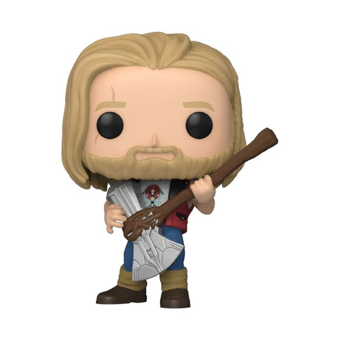 Figura Funko Pop di Thor con Stormbreaker. Ha i capelli biondi e la barba, indossa jeans, un gilet rosso e una camicia.