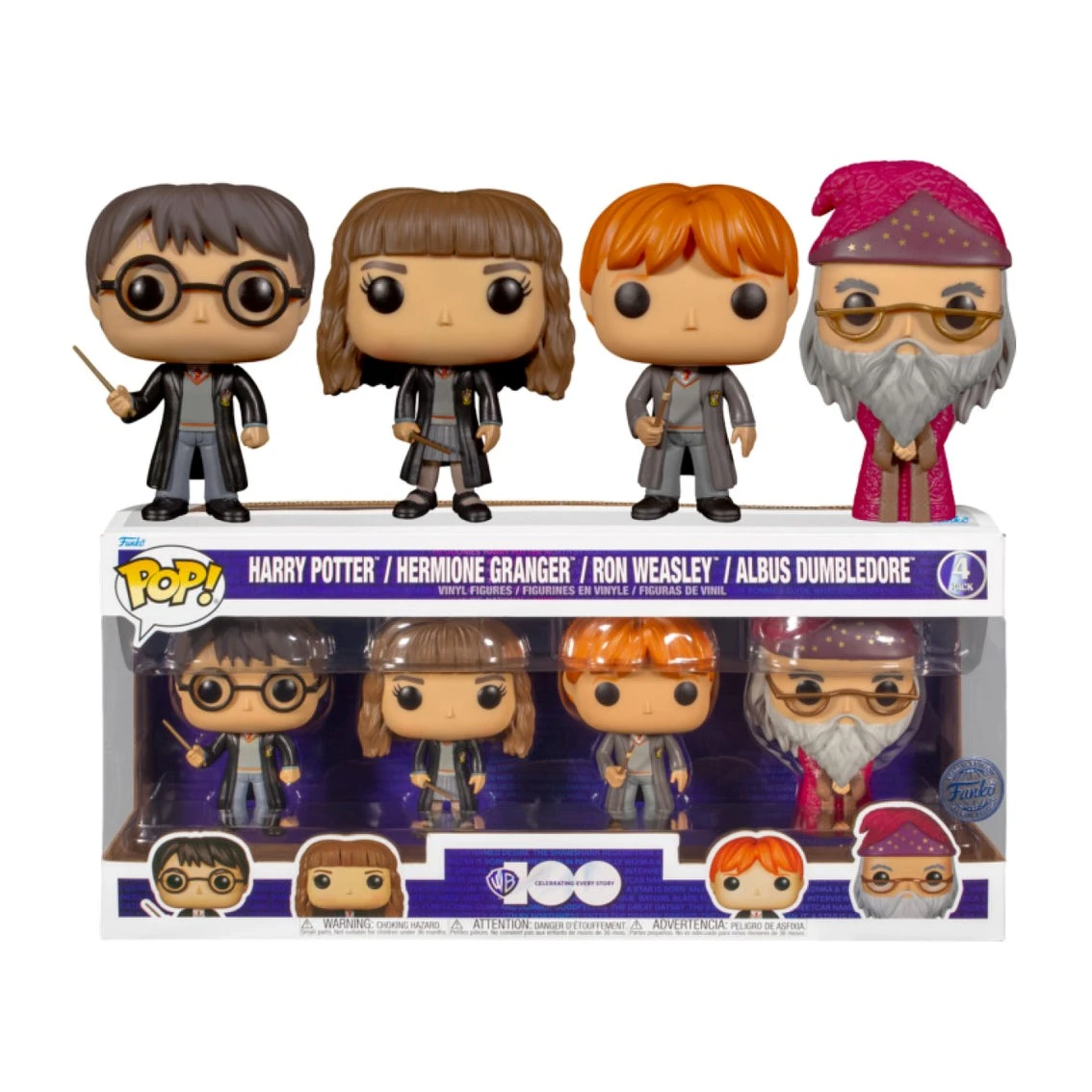 Figuras Funko Pop de Harry Potter: Harry, Hermione, Ron y Dumbledore. Las figuras están en una caja, con los nombres de los personajes.