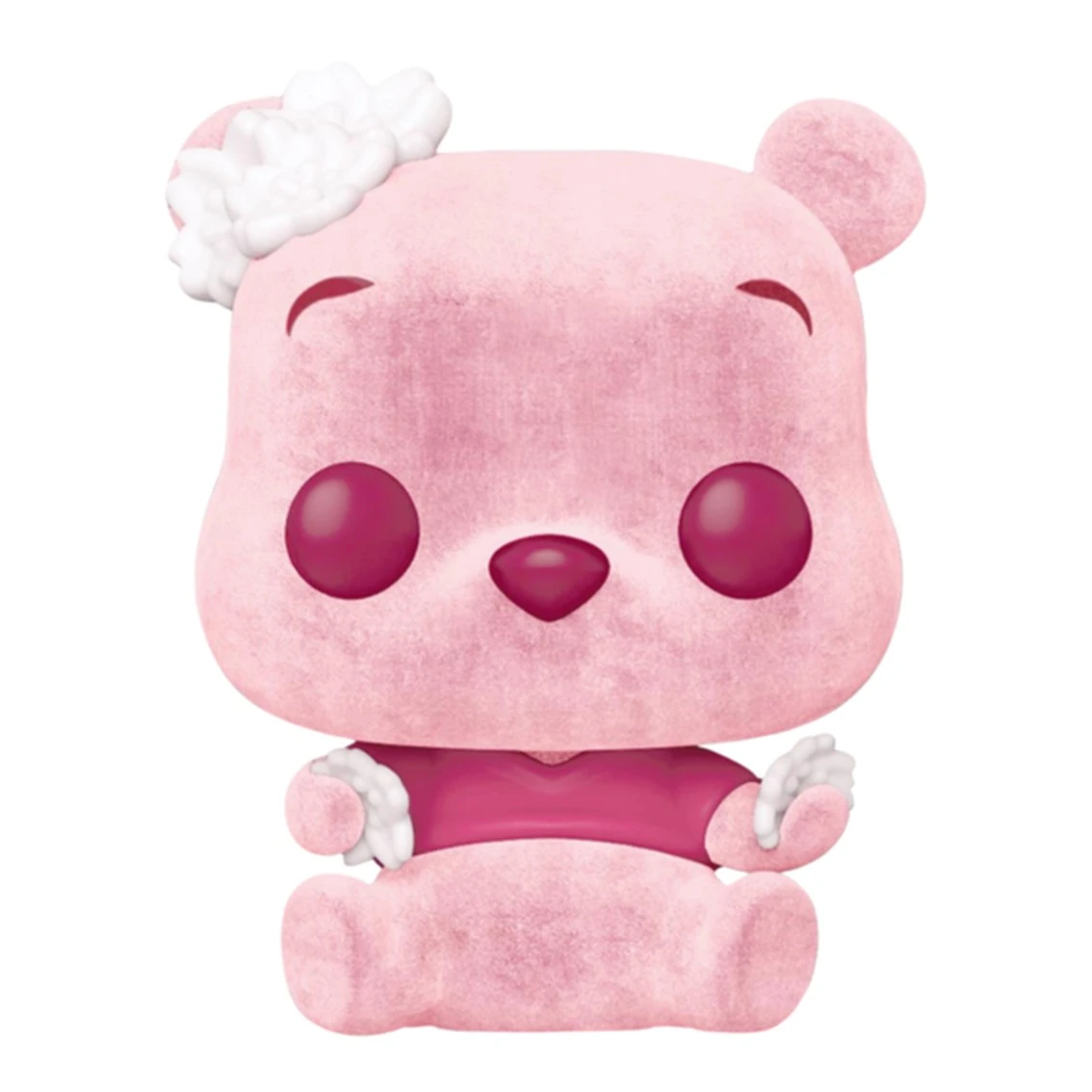 Una figura di orso rosa con un fiore bianco sulla testa. Ha grandi occhi rossi e un completo rosa. Lo sfondo è bianco.
