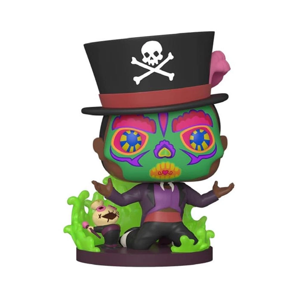 Una figura Funko Pop del Dr. Facilier con sombrero, calavera y una pequeña muñeca. La figura es verde con detalles coloridos.