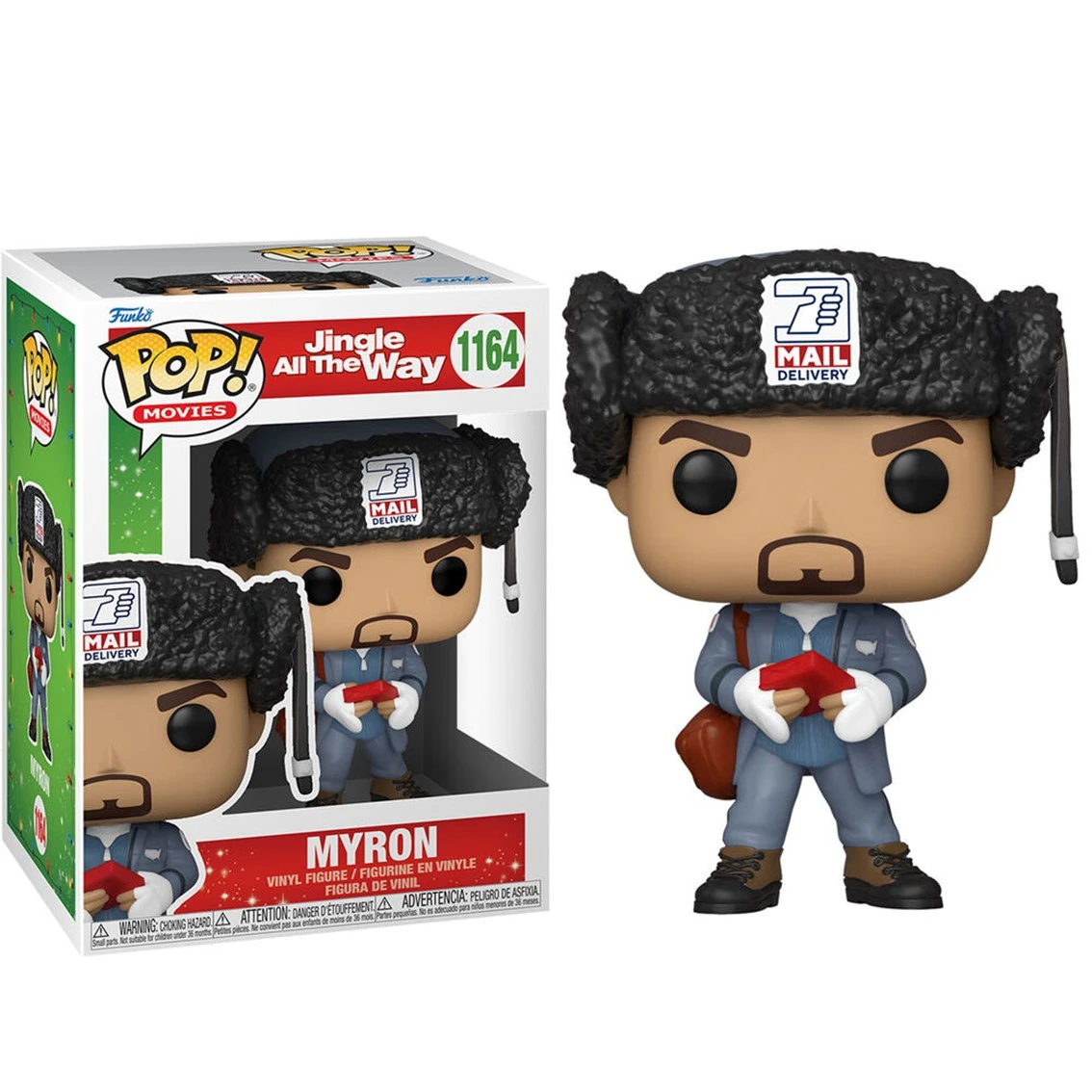 Figura Funko Pop de Myron de Jingle All the Way. Lleva un gorro y uniforme de correo, sosteniendo un paquete rojo. La caja es visible.