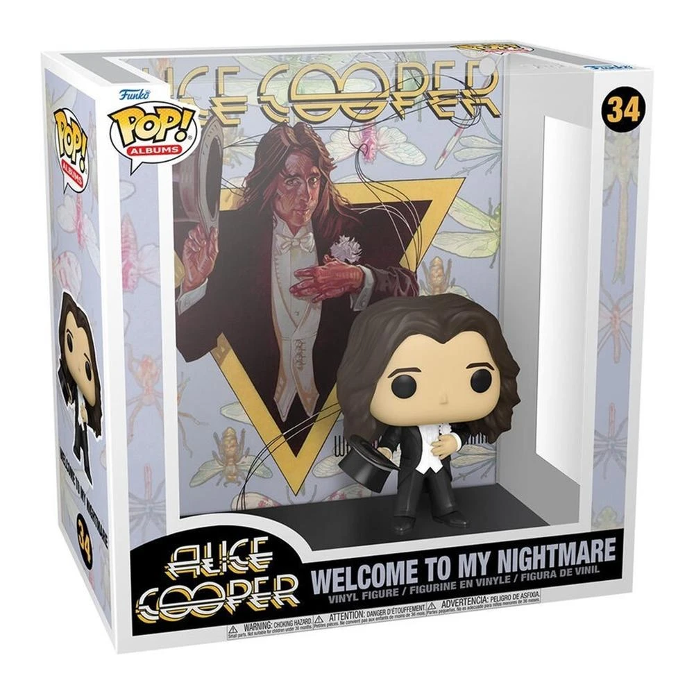 Funko Pop! Figur von Alice Cooper in einer Box. Die Box zeigt Albumkunst, und die Figur hält einen Hut.