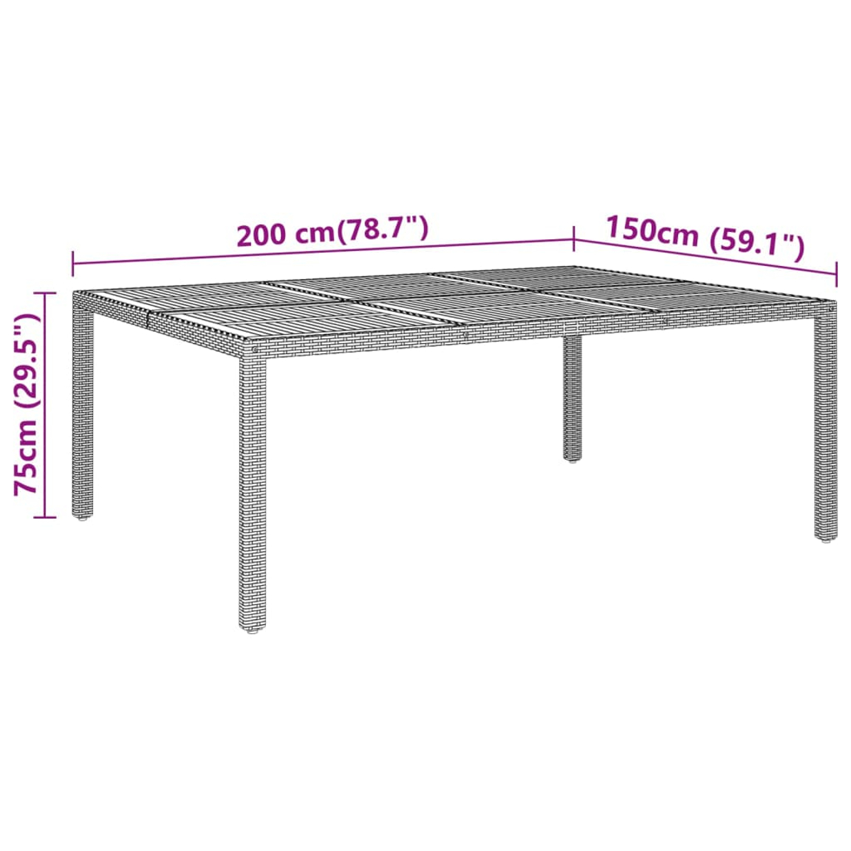 Ein rechteckiger Gartentisch mit Maßangaben. Der Tisch ist 200 cm lang, 150 cm breit und 75 cm hoch.