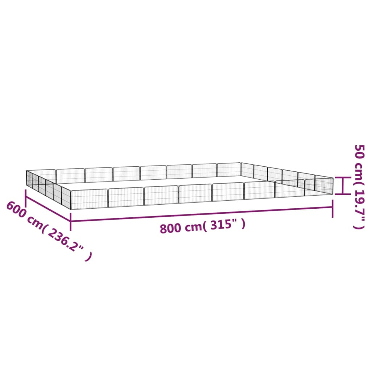 Ein rechteckiger, schwarzer Metall-Haustierkäfig mit Größenangaben in cm und Zoll: 800x600x50 cm. Er ist leer.