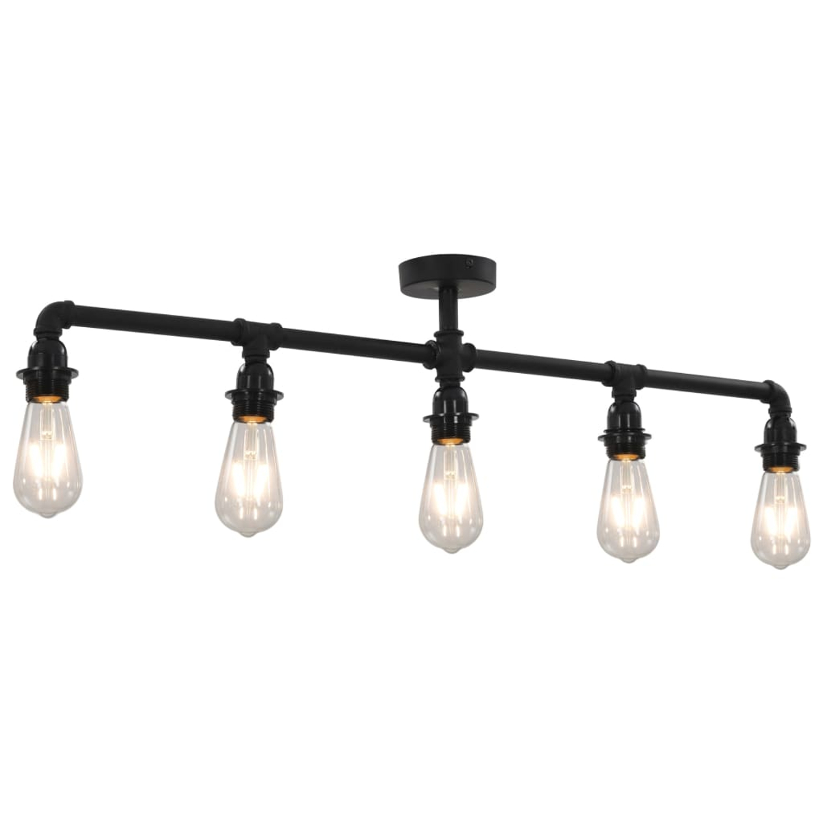 Eine schwarze Leuchte im Industriestil mit fünf Edison-Glühbirnen. Sie ist auf weißem Hintergrund montiert.