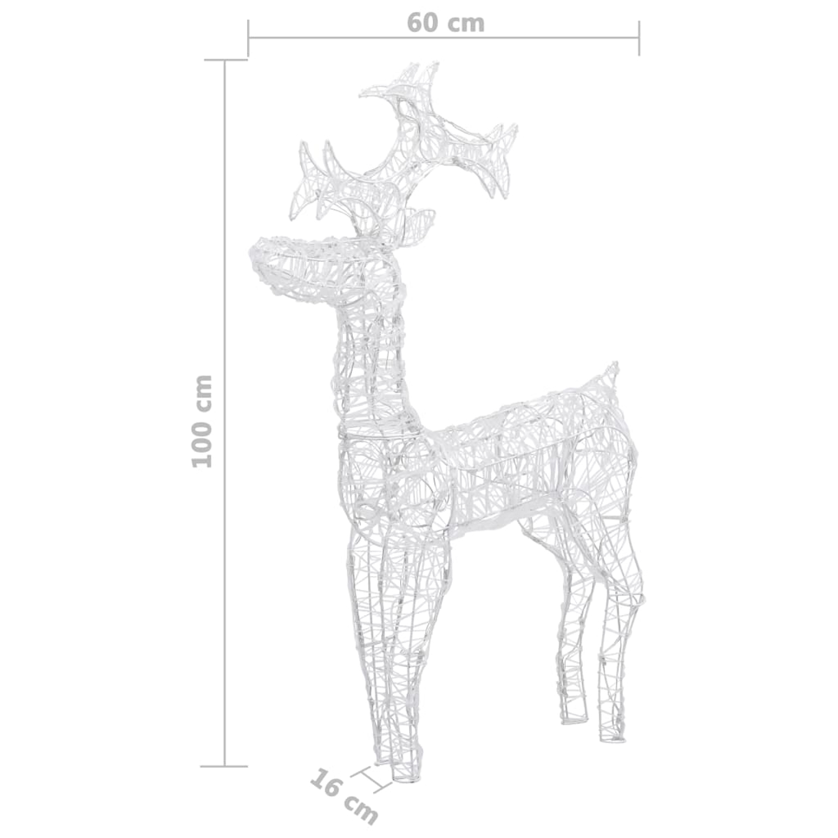 Eine weiße Drahtgerüst-Rentierdekoration. Sie ist 100 cm hoch und 60 cm breit, mit auf dem Bild angegebenen Abmessungen.