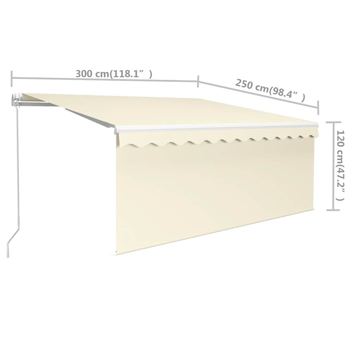 Gezeigt wird eine beige ausziehbare Markise. Maße: 300 cm breit, 250 cm ausgezogen, 120 cm hoch. Gewellter Rand.