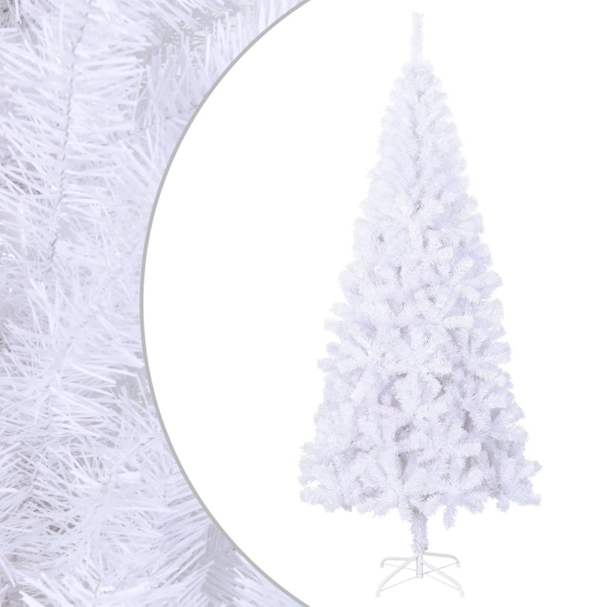 Ein voller, weißer Weihnachtsbaum steht auf einem weißen Ständer. Nahaufnahme der Zweige links zeigt die Textur.