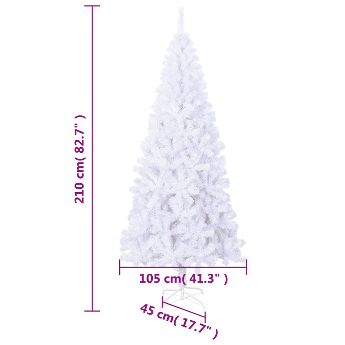 Ein weißer Weihnachtsbaum mit Maßangaben. Der Baum ist 210 cm hoch, 105 cm breit und hat eine Basis von 45 cm. Er steht auf einem Metallfuß.